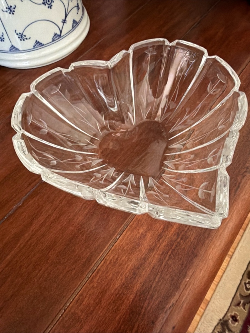 Clear Mikasa, Crystal Heart-Shaped Glass Trinket Dish etching 6 inch